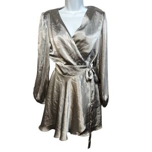 MNG Mango Silver Metallic Wrap Mini Dress Long Sleeve V-Neck Size 2